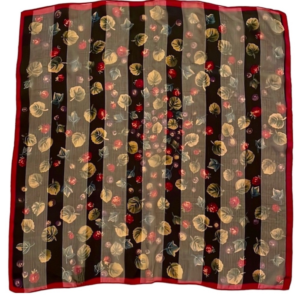 VINTAGE LAURA ASHLEY Black and Red Chiffon and Satin Stripe Leaves/Floral Scarf